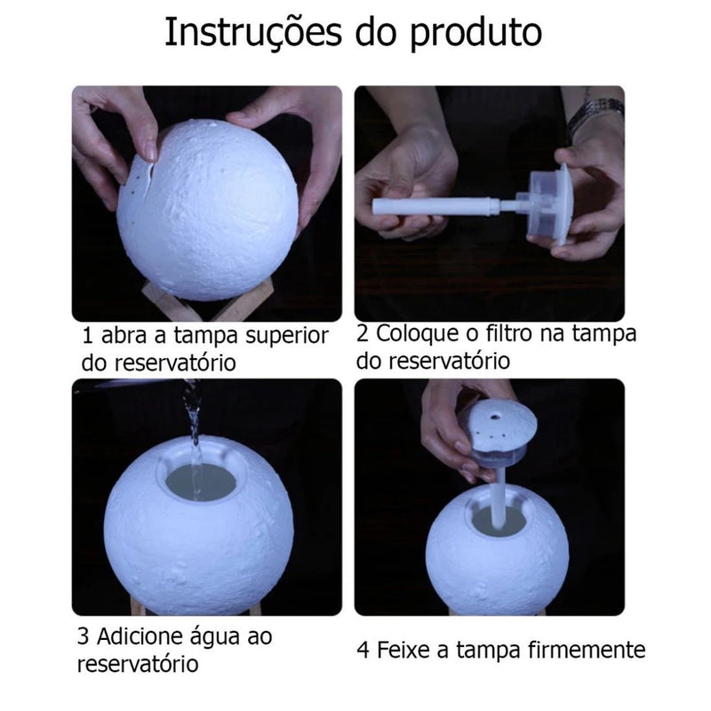 Luminária 3D Lua Cheia: Umidificador, Aromatizador e Difusor de Óleos Essenciais