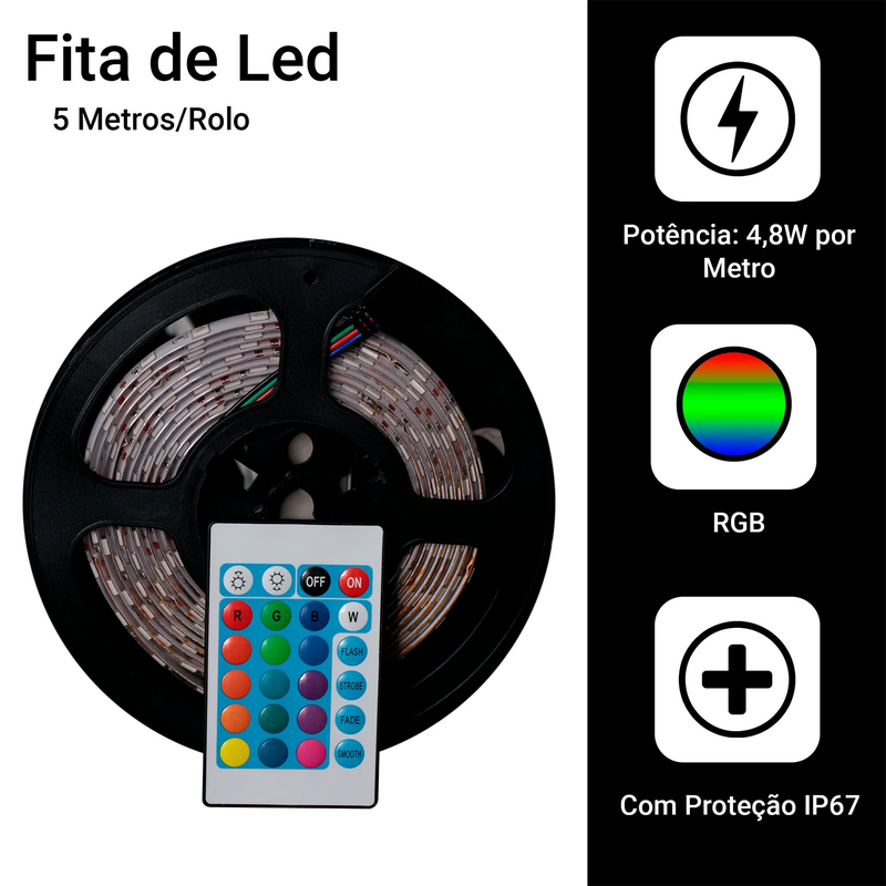 Kit Fita LED RGB 5m com Controle e Fonte Bivolt